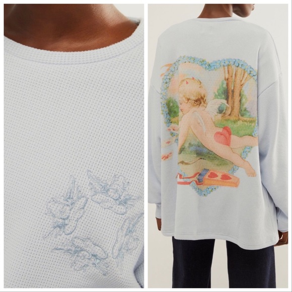 Free People Boho Oversized Waffle Knit Thermal with Embroidered Front Detail - Picture 2 of 15